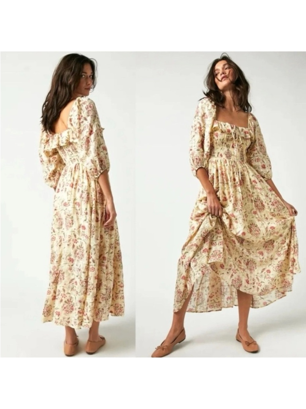 Free People Ethereal Oasis Ivory Floral Printed Midi Dress Bohemian Cottagecore